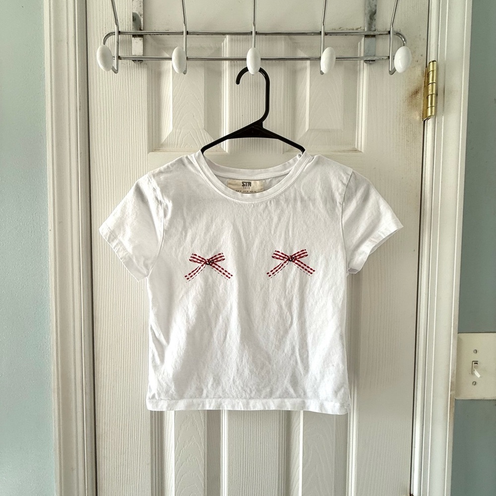 Stradivarius White Crop Top with Red Bow Details